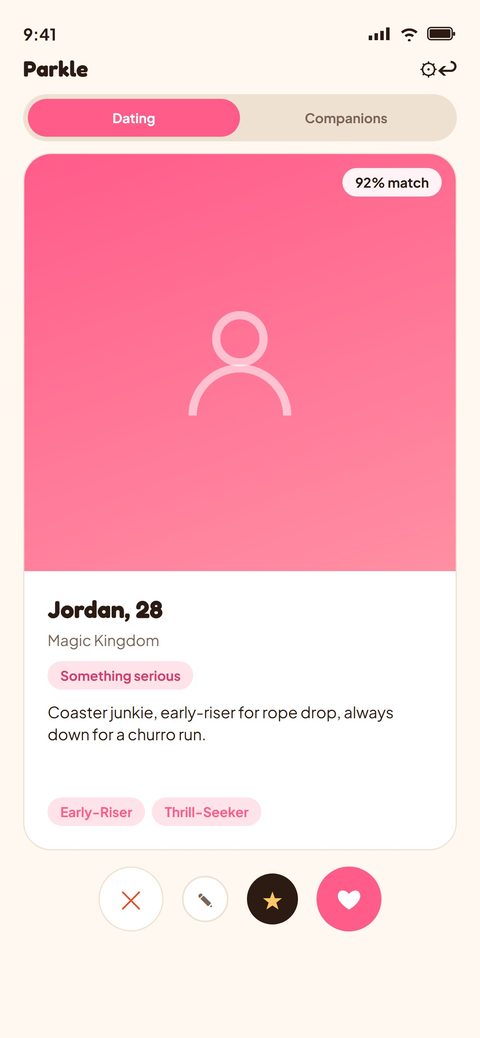 Parkle Discover screen showing a sample profile with Dating and Companions tabs