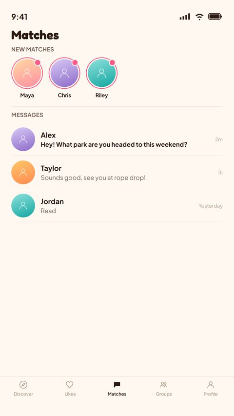 Parkle Matches screen showing new matches and conversations